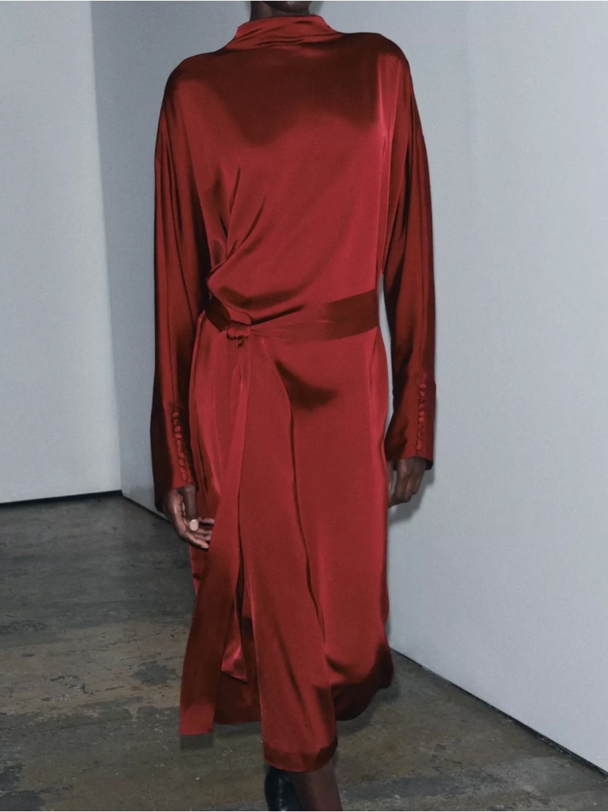 Zara Ruby Red Satin Silk Effect Tied Midi Dress Zw Collection Sz L